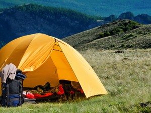 Yellow tent in green field